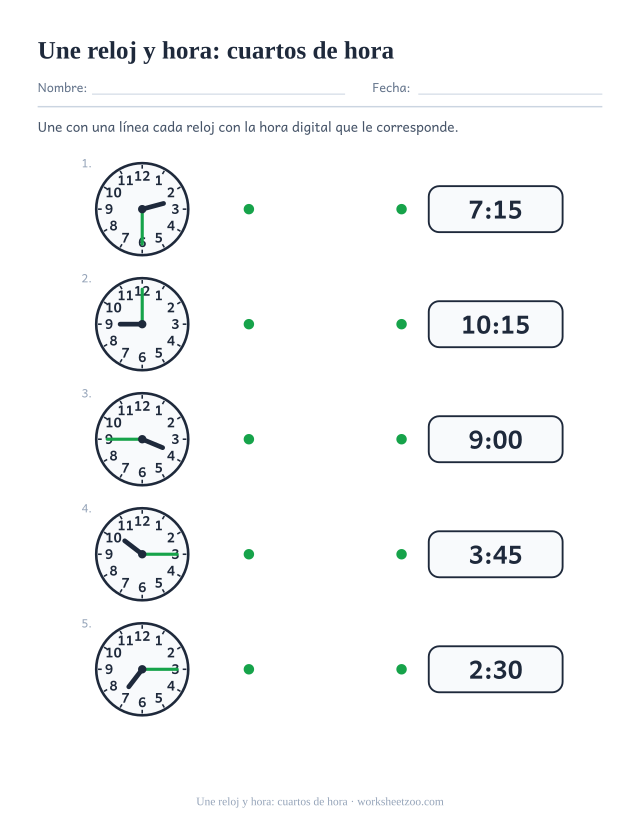 Ficha para unir relojes de agujas con horas digitales en los cuartos de hora