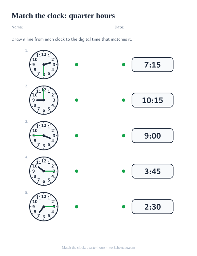Matching worksheet joining analog clocks to digital times at the quarter hours