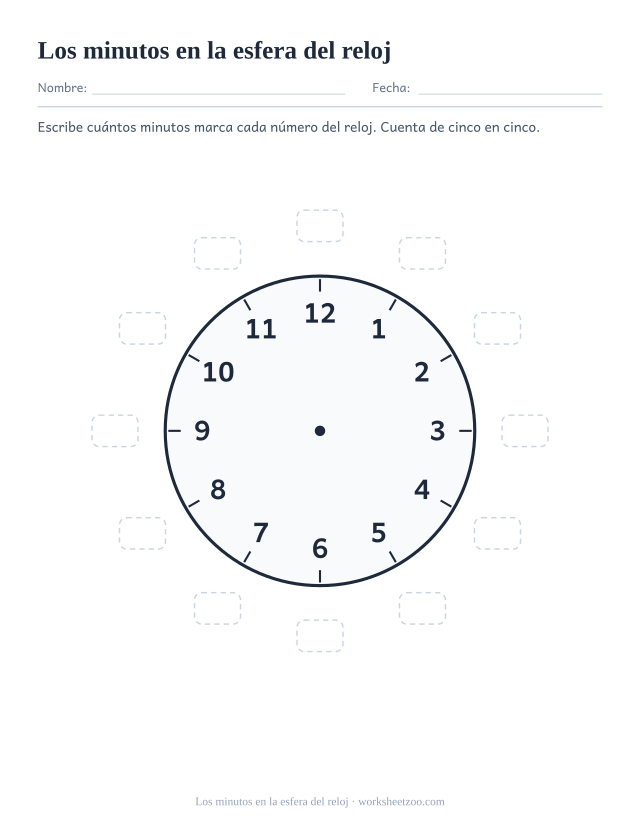 Ficha con una esfera grande para escribir el valor en minutos junto a cada uno de los doce números
