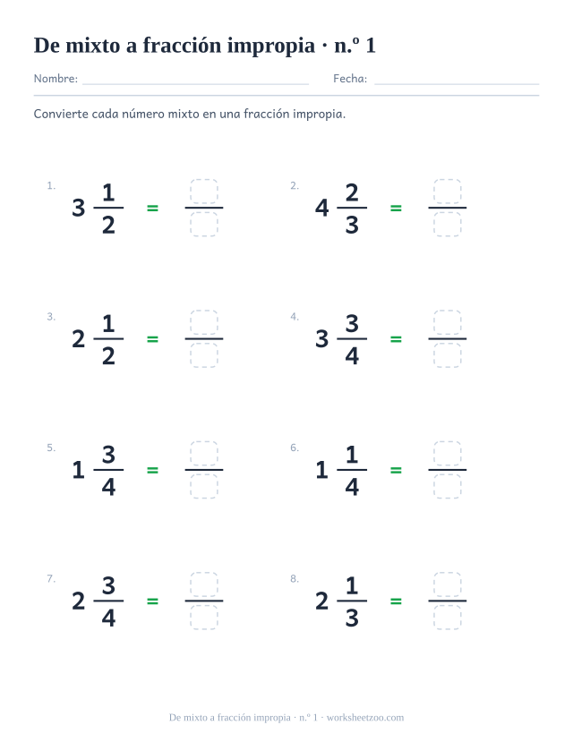 Ficha para pasar de número mixto a fracción impropia con denominadores pequeños