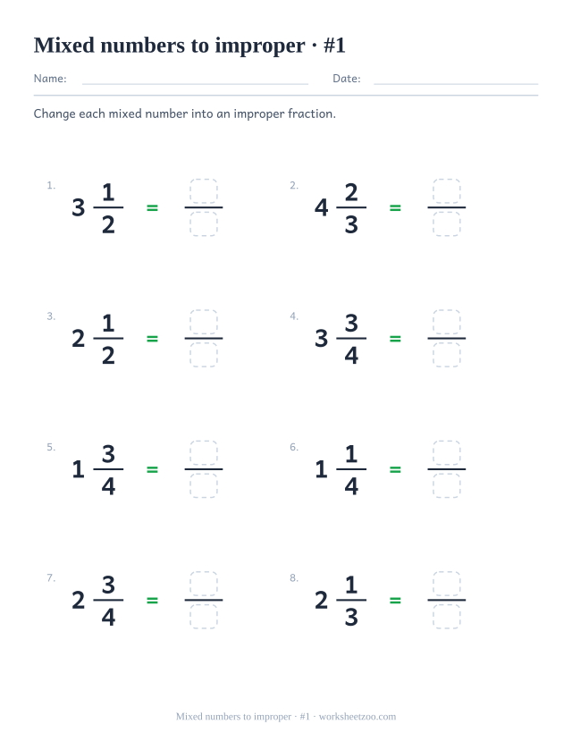 Mixed number to improper fraction worksheet with small denominators