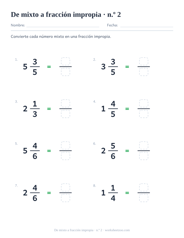 Ficha de número mixto a fracción impropia con denominadores hasta sextos