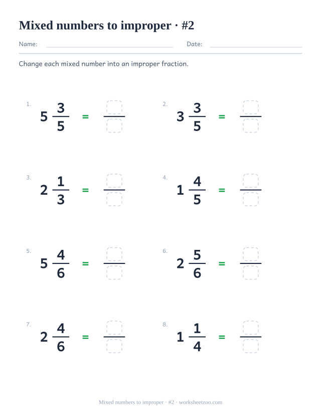 Mixed number to improper fraction worksheet with denominators up to sixths