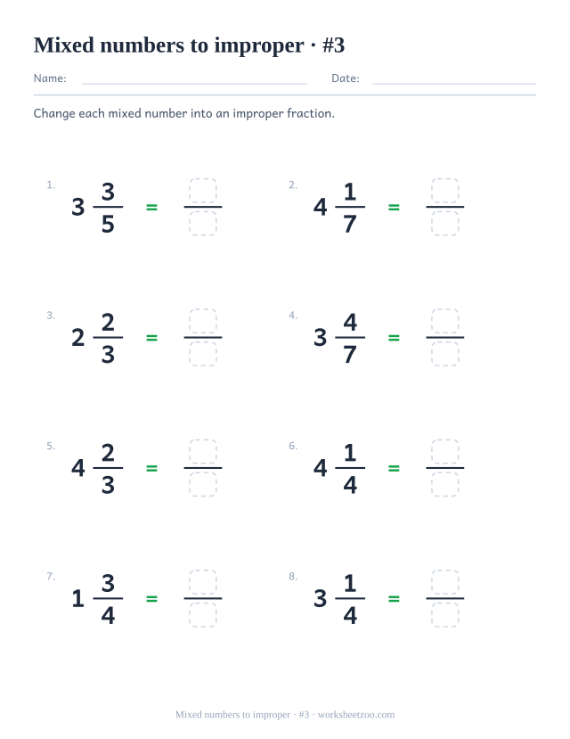 Mixed number to improper fraction worksheet with eighths and larger wholes