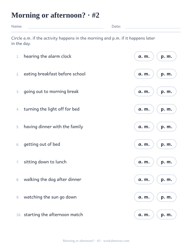 Second a.m. and p.m. worksheet sorting everyday events by time of day