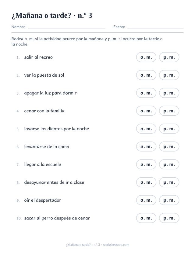 Tercera ficha de a. m. y p. m. con rutinas diarias para marcar como mañana o más tarde