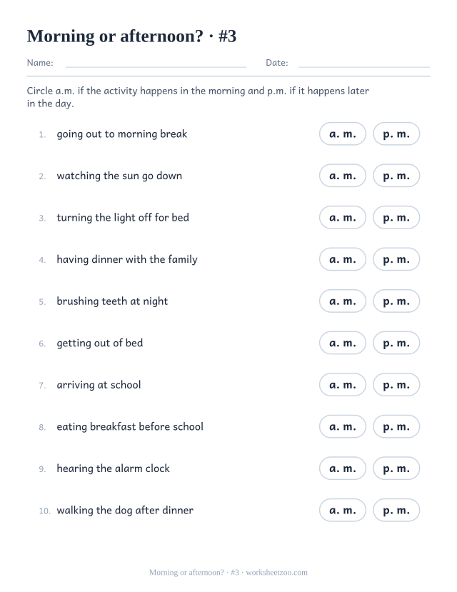 Third a.m. and p.m. worksheet with daily routines to mark as morning or later in the day