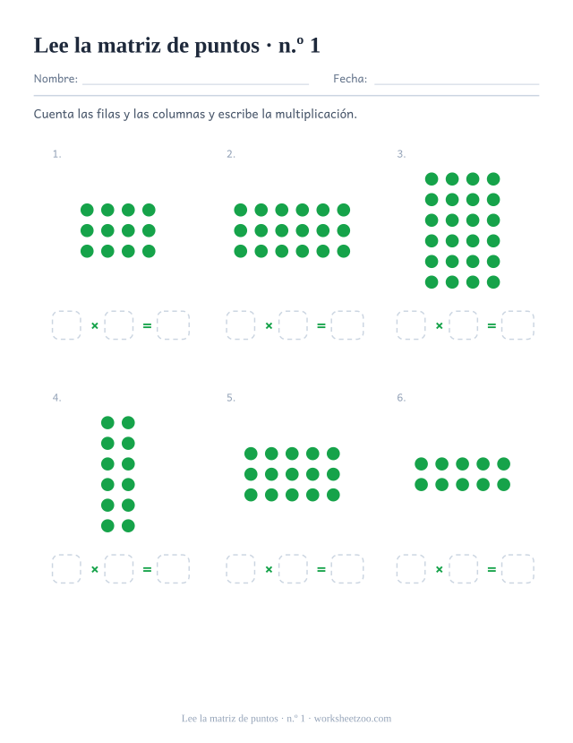 Ficha de matrices de puntos para contar filas y columnas y escribir la multiplicación