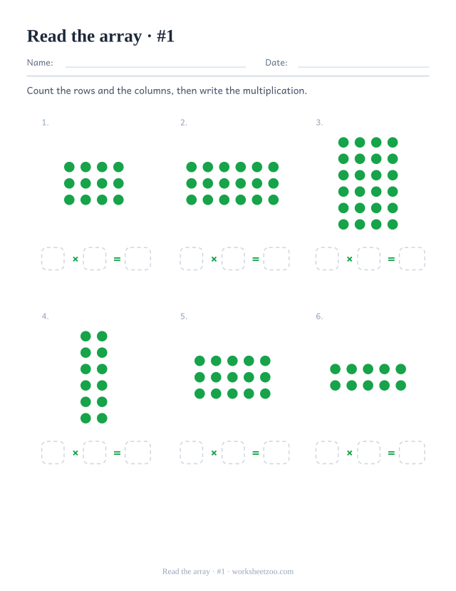 Multiplication array worksheet with dot arrays to count into rows and columns