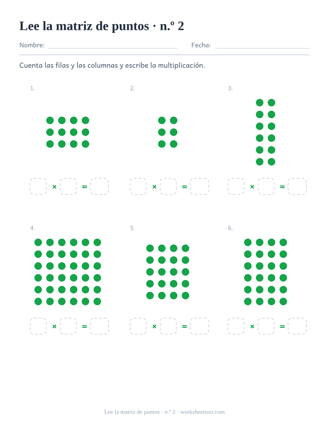 Segunda ficha de matrices de puntos con seis matrices y tres casillas por matriz