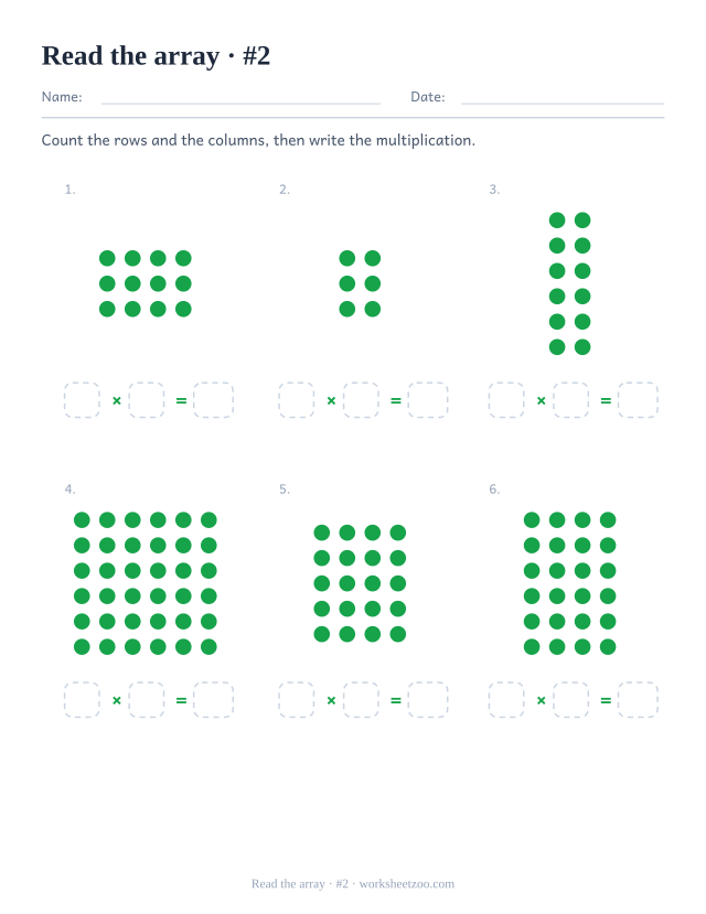 Second multiplication array worksheet with six dot arrays and three boxes to fill per array
