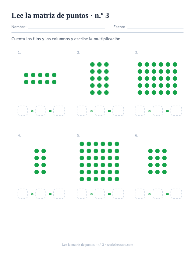 Tercera ficha de matrices para escribir multiplicaciones a partir de rectángulos de puntos