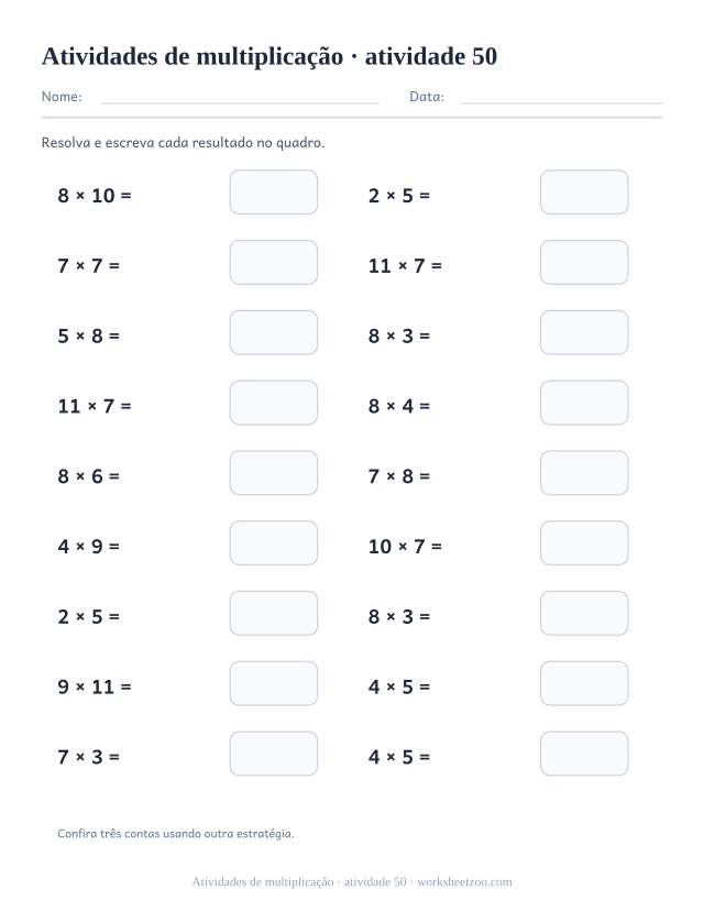 Prévia de Atividades de multiplicação, atividade 50 para imprimir