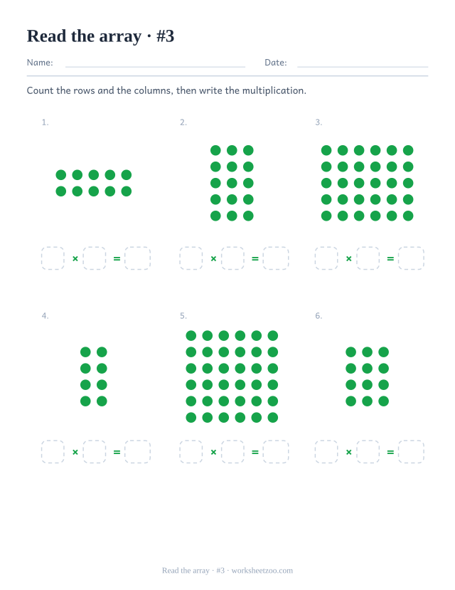 Third array worksheet for writing multiplication facts from rectangles of dots