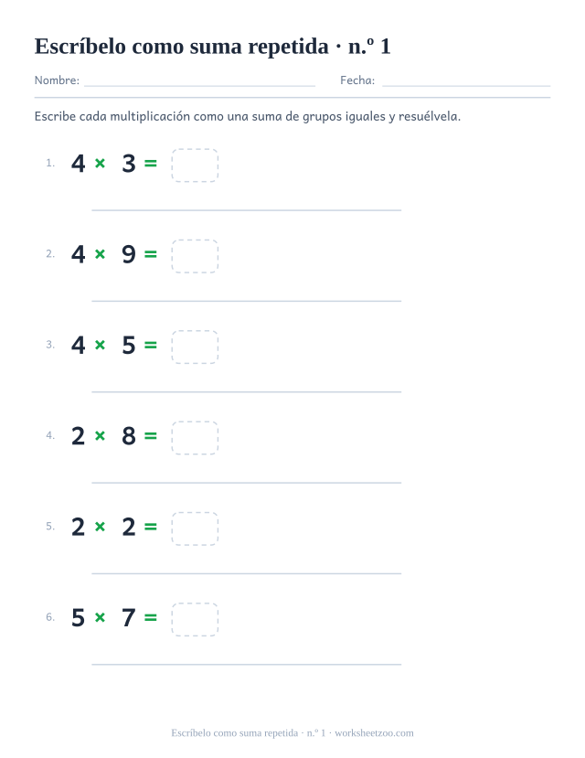 Ficha para escribir cada multiplicación como una suma de grupos iguales