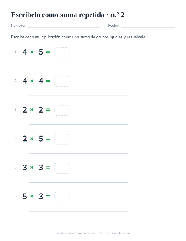 Segunda ficha para desarrollar multiplicaciones en suma repetida sobre una línea