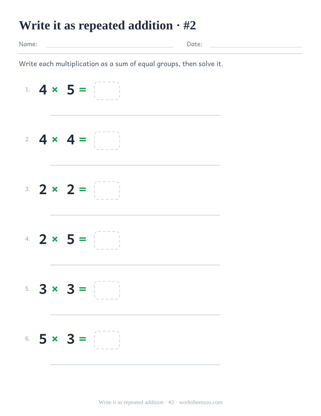 Second worksheet for expanding multiplication facts into repeated addition on a ruled line