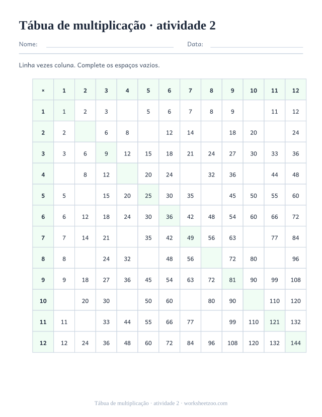 Prévia de Tábua de multiplicação, atividade 2 para imprimir