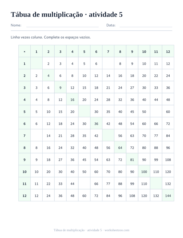 Prévia de Tábua de multiplicação, atividade 5 para imprimir
