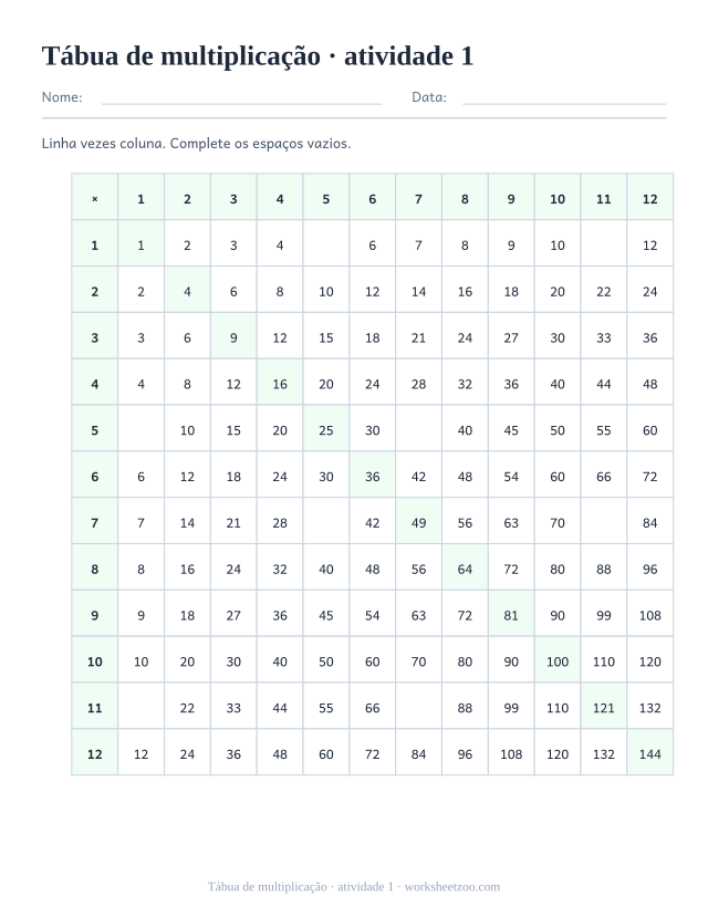 Prévia de Tábua de multiplicação, atividade 1 para imprimir