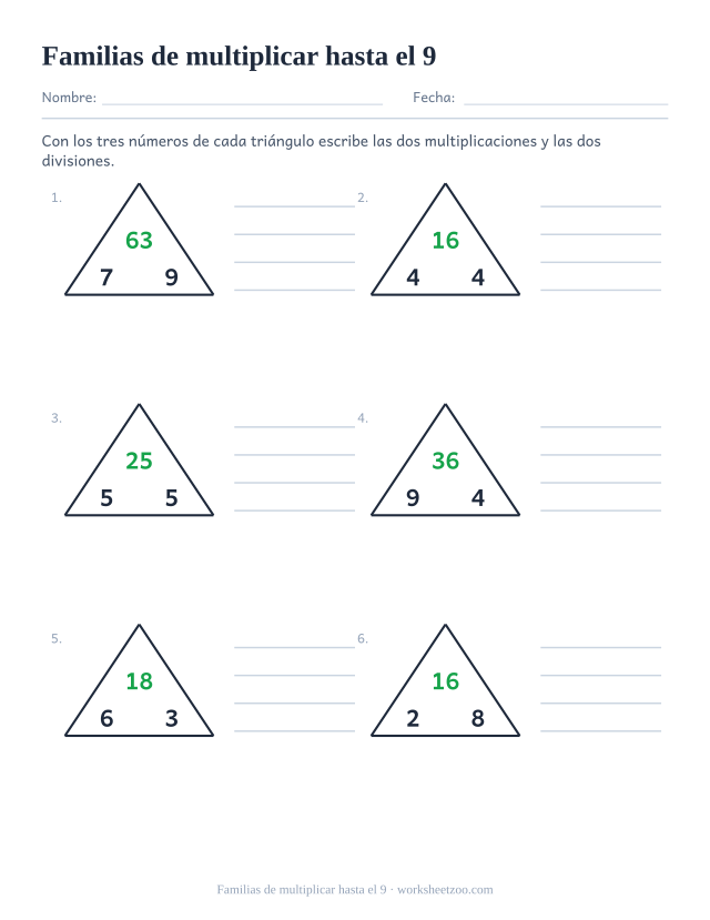 Ficha de familias de multiplicar con triángulos numéricos de las tablas hasta el 9