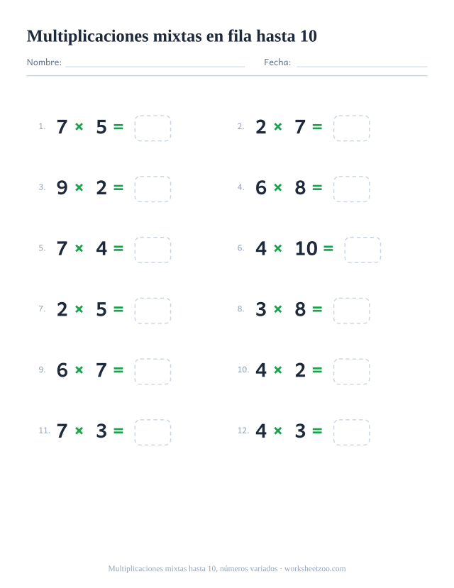 Ficha horizontal de multiplicaciones mixtas, 12 operaciones con factores del 2 al 10 escritas en fila