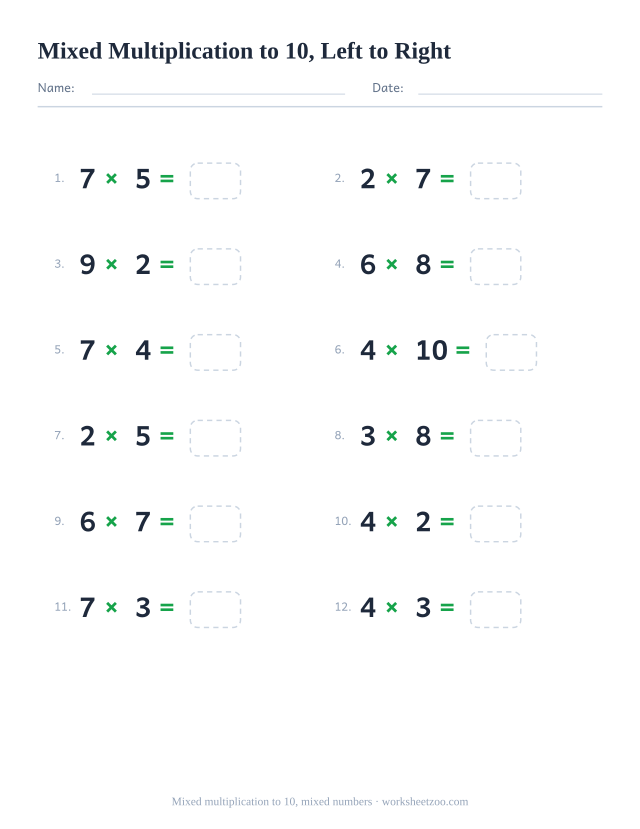 Horizontal mixed multiplication worksheet, 12 facts with factors 2 to 10 written left to right
