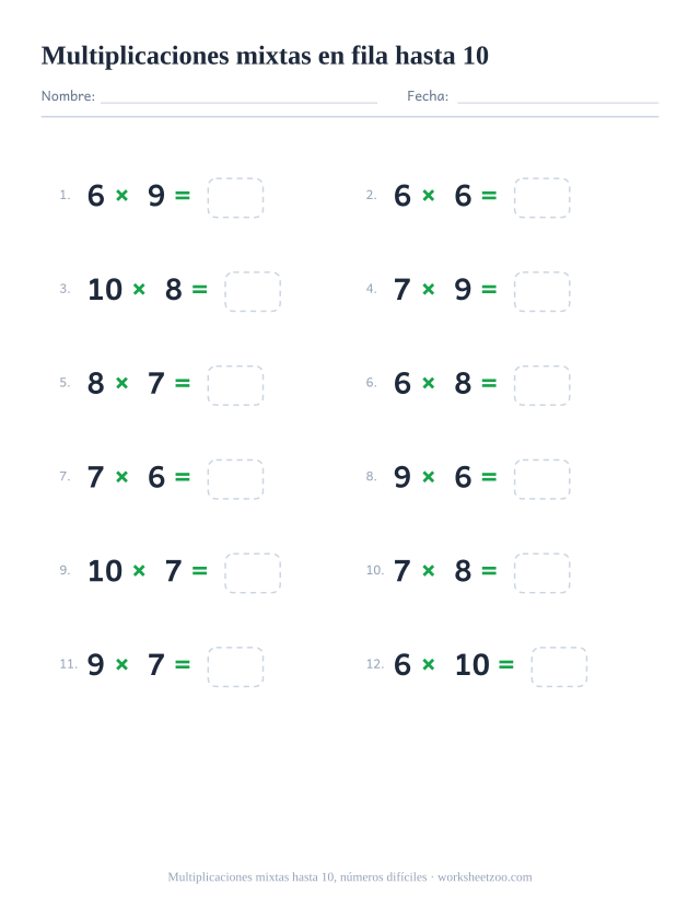 Ficha horizontal de multiplicaciones mixtas, 12 operaciones con factores del 6 al 10 escritas en fila