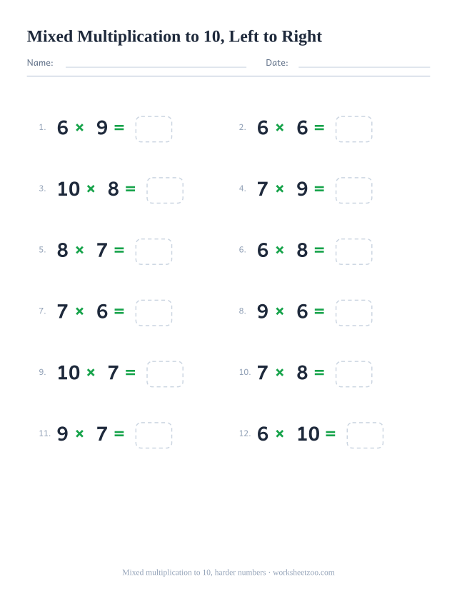 Horizontal mixed multiplication worksheet, 12 facts with factors 6 to 10 written left to right