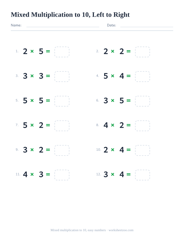 Horizontal mixed multiplication worksheet, 12 facts with factors 2 to 5, tables to 10 written left to right