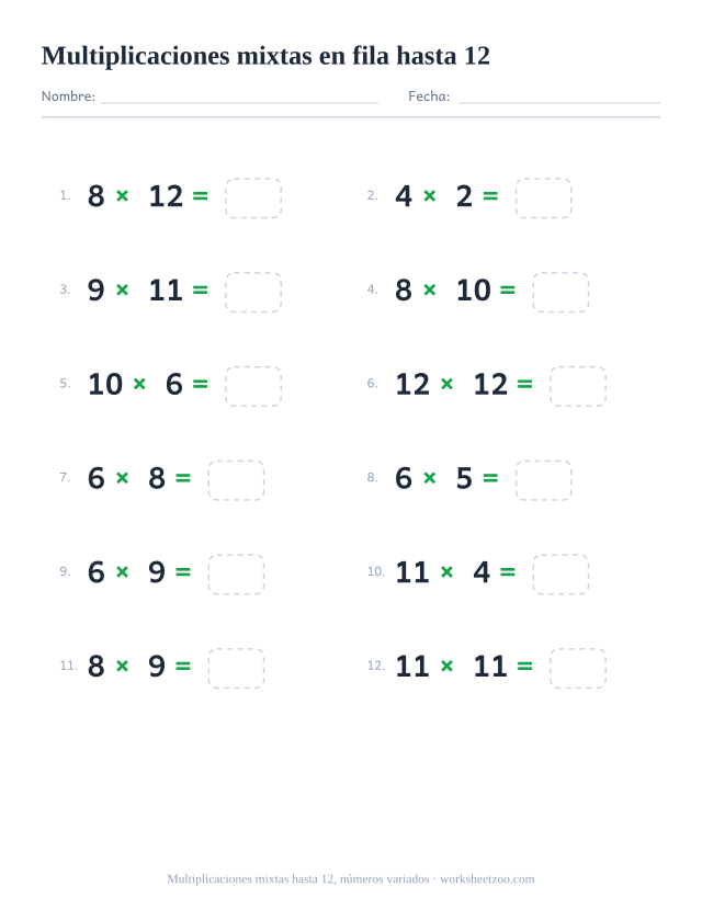 Ficha horizontal de multiplicaciones mixtas, 12 operaciones con factores del 2 al 12 escritas en fila