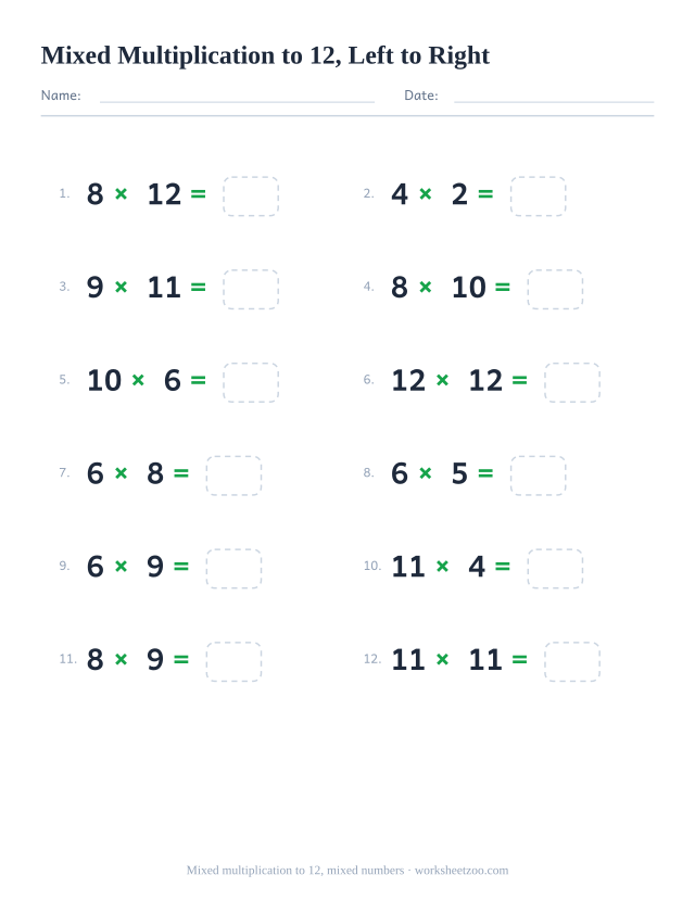 Horizontal mixed multiplication worksheet, 12 facts with factors 2 to 12 written left to right