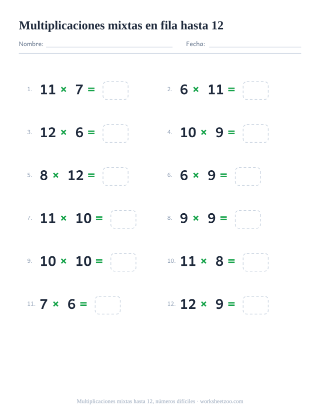 Ficha horizontal de multiplicaciones mixtas, 12 operaciones con factores del 6 al 12 escritas en fila