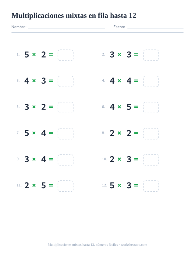 Ficha horizontal de multiplicaciones mixtas, 12 operaciones con factores del 2 al 5, tablas hasta el 12 escritas en fila