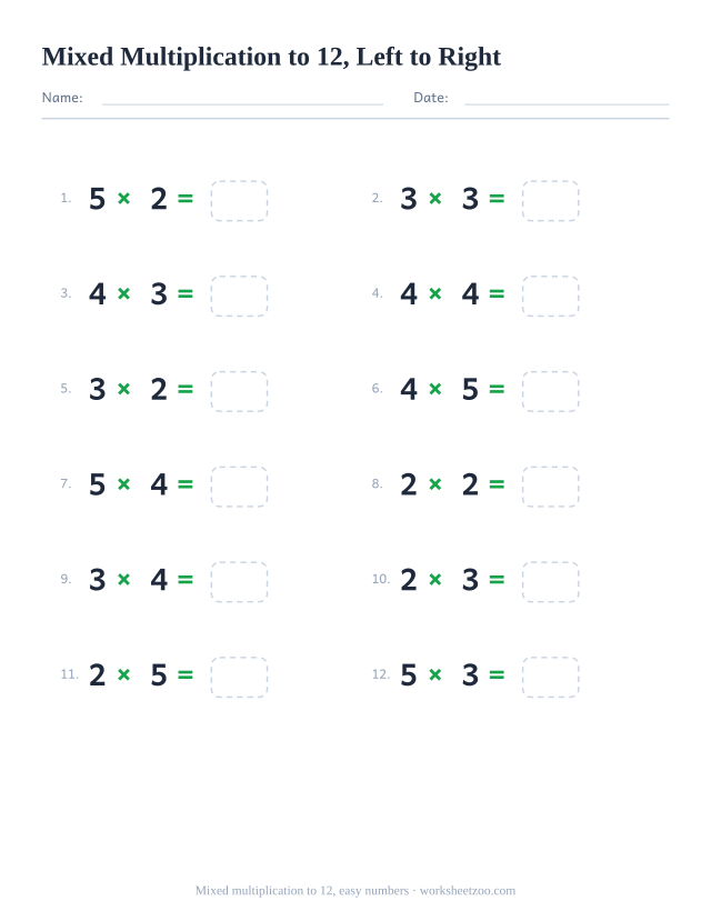 Horizontal mixed multiplication worksheet, 12 facts with factors 2 to 5, tables to 12 written left to right