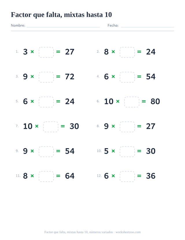 Ficha de factor que falta, 12 multiplicaciones con factores del 2 al 10 y un factor en blanco