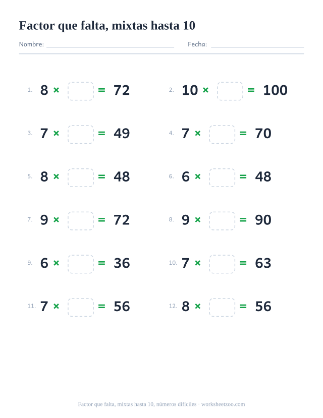 Ficha de factor que falta, 12 multiplicaciones con factores del 6 al 10 y un factor en blanco