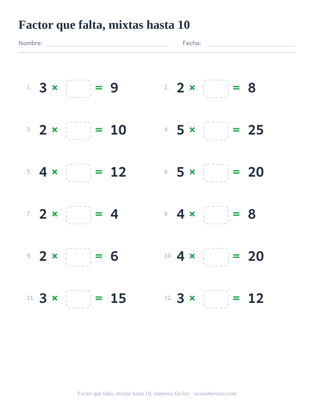 Ficha de factor que falta, 12 multiplicaciones con factores del 2 al 5, tablas hasta el 10 y un factor en blanco