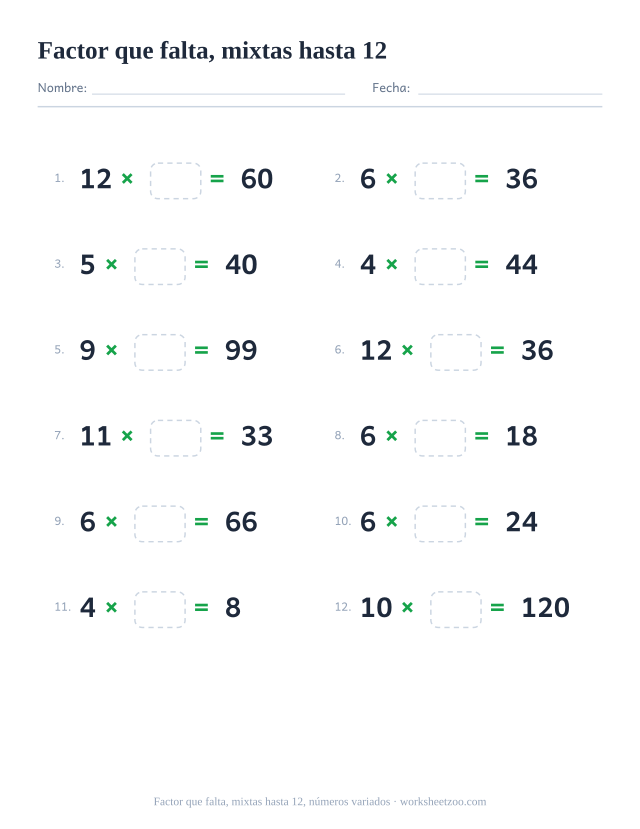 Ficha de factor que falta, 12 multiplicaciones con factores del 2 al 12 y un factor en blanco