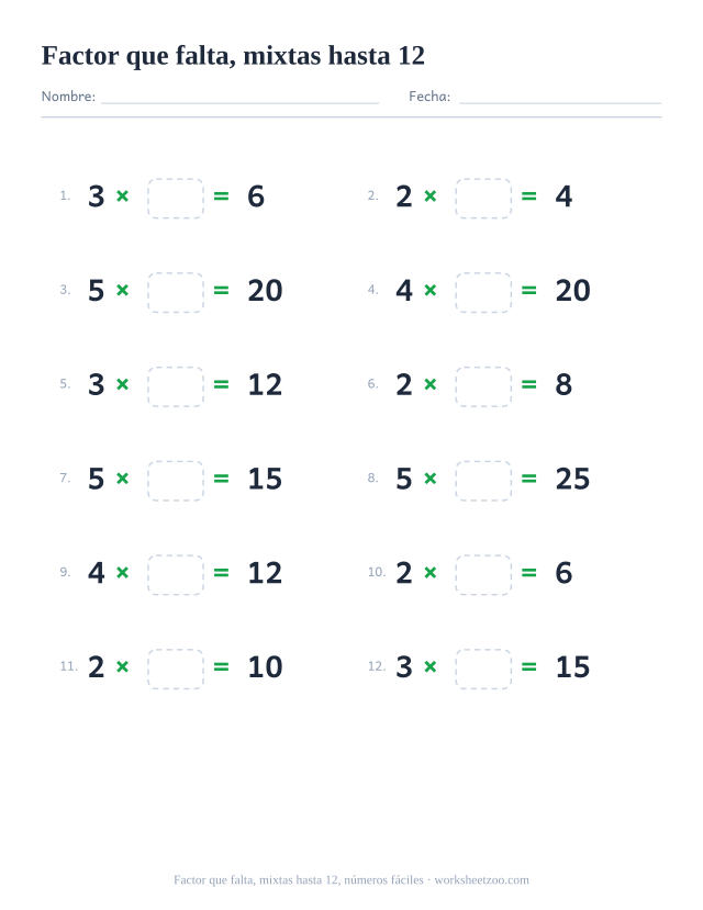 Ficha de factor que falta, 12 multiplicaciones con factores del 2 al 5, tablas hasta el 12 y un factor en blanco