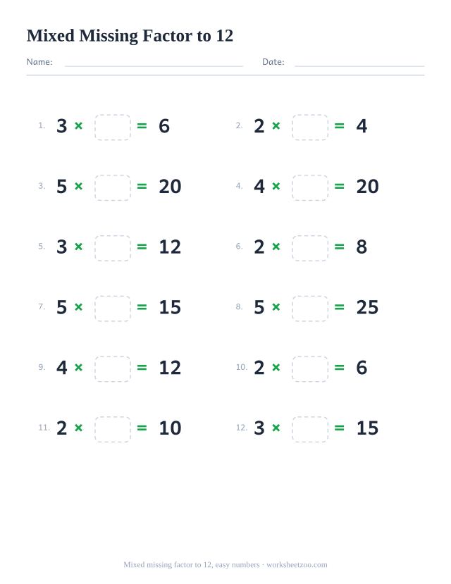 Mixed missing factor worksheet, 12 multiplication facts with factors 2 to 5, tables to 12 and one factor left blank