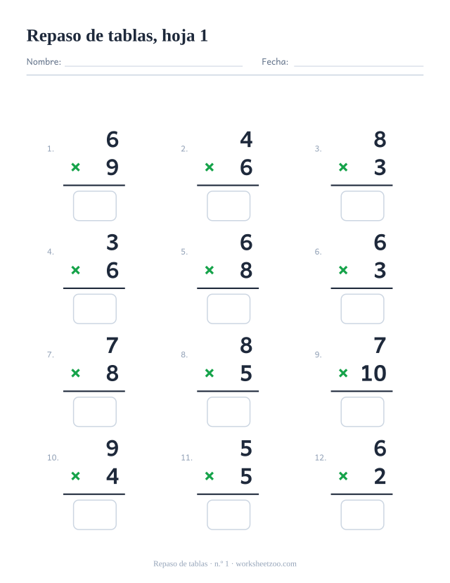 Ficha de repaso de multiplicaciones con factores del 2 al 10, hoja 1