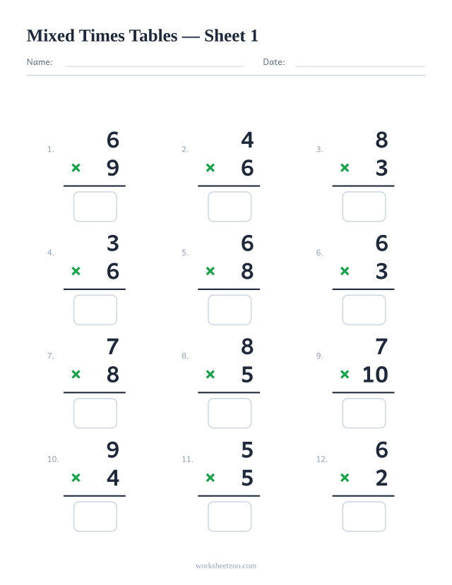 Ficha de repaso de multiplicaciones con factores del 2 al 10, hoja 1