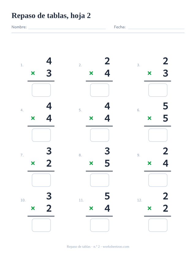 Ficha de repaso de multiplicaciones con las tablas pequeñas, factores del 2 al 5, hoja 2