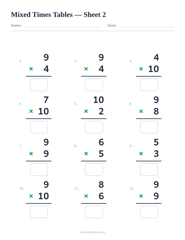 Ficha de repaso de multiplicaciones con factores del 2 al 10, hoja 2