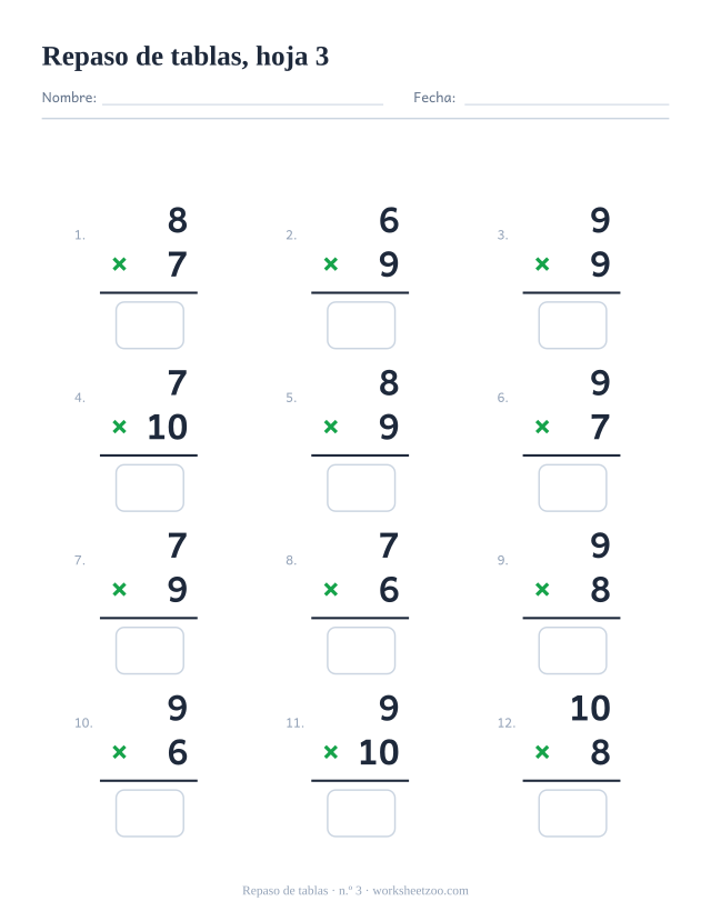 Ficha de repaso de multiplicaciones con las tablas grandes, factores del 6 al 10, hoja 3