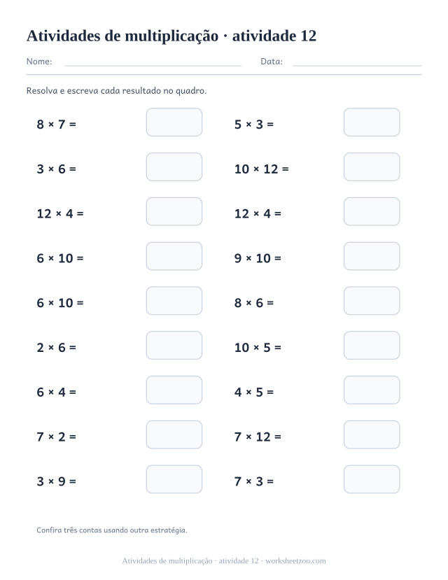 Prévia de Atividades de multiplicação, atividade 12 para imprimir