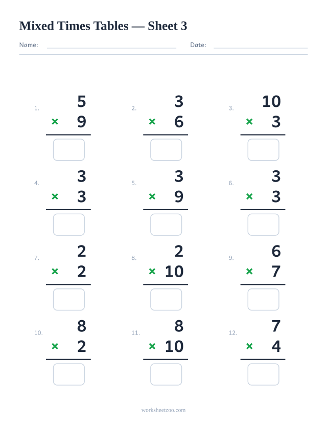 Ficha de repaso de multiplicaciones con factores del 2 al 10, hoja 3