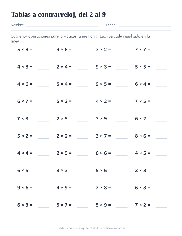 Ficha de tablas a contrarreloj con 40 multiplicaciones mezcladas de las tablas del 2 al 9