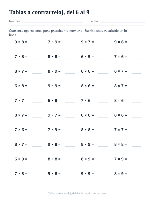 Ficha de tablas a contrarreloj con 40 multiplicaciones de las tablas difíciles, del 6 al 9